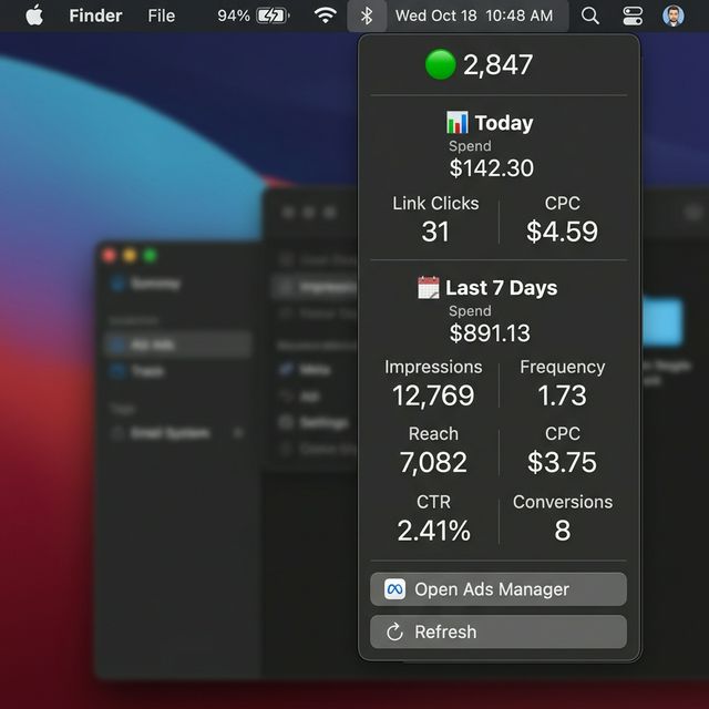PulseBar menu bar dropdown showing today's stats and 7-day performance