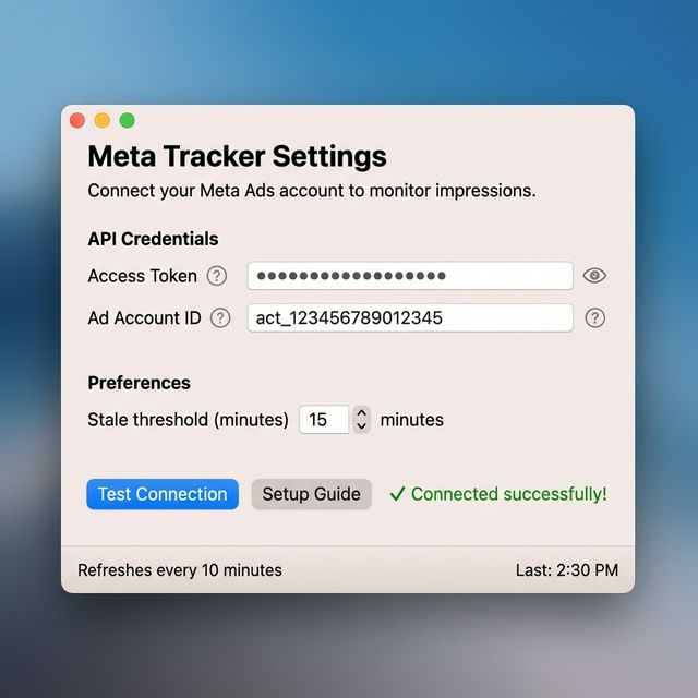 PulseBar settings window with credential entry and test connection
